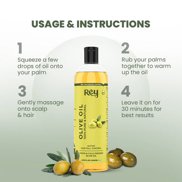 Rey Naturals Cold Pressed Extra Virgin Olive Oil For Hair | Nourishing Hair Oil For All Hair Types | Deeply Moisturizes, Repairs And Strengthens Hair | For Good Hair Texture And Adds Shine - 200ml